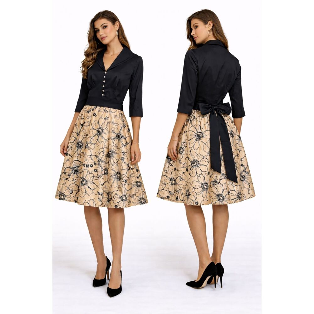 Donna Ricco Fit & Flare Dress – Black Top & Floral Skirt Crystal Buttons Size 6